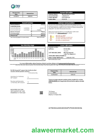 USA Texas TXU Energy business utility bill template in Word and PDF formats